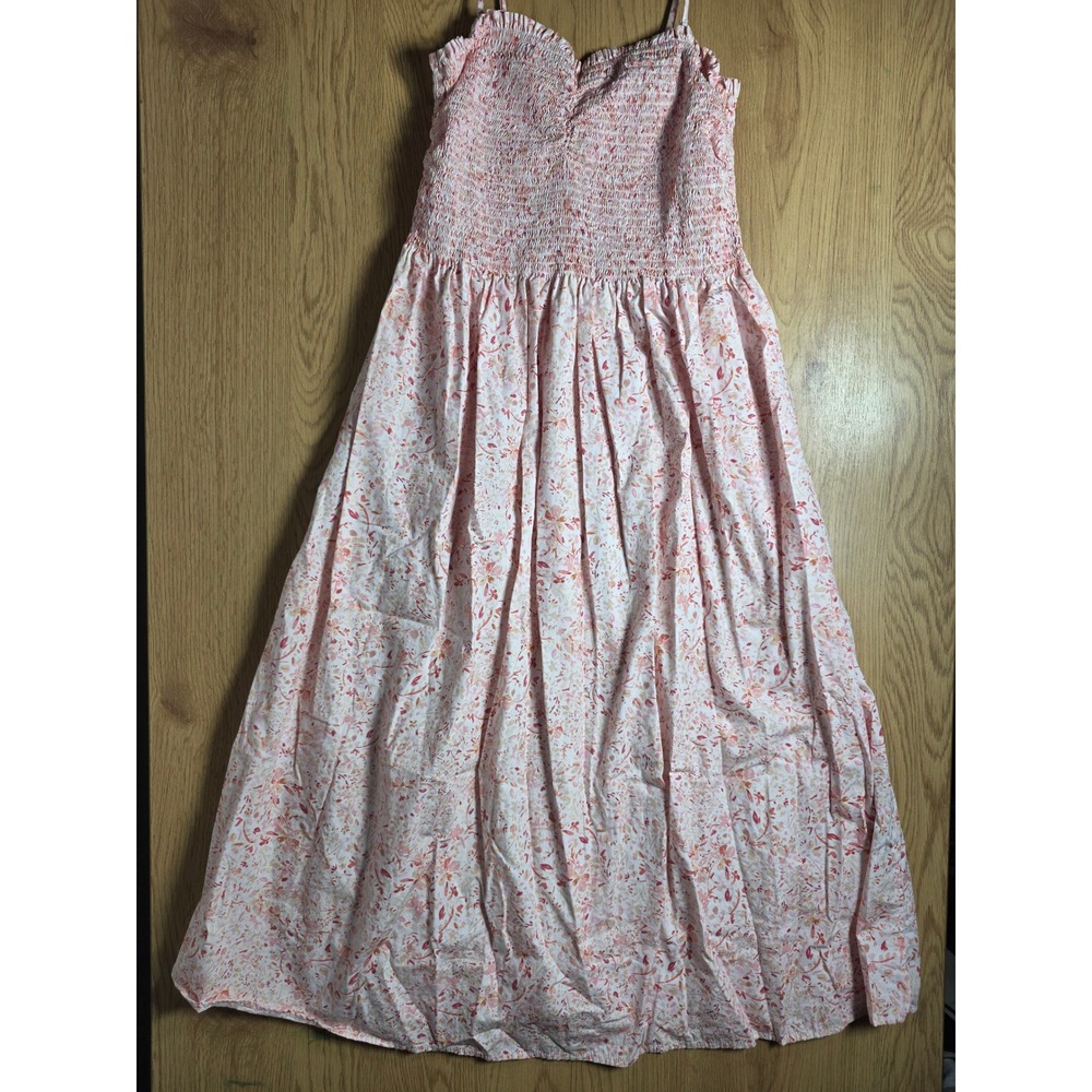 H&M Womens L Maxi Dress Smocked Bodice Pink Orange Floral Sleeveless Ruffle